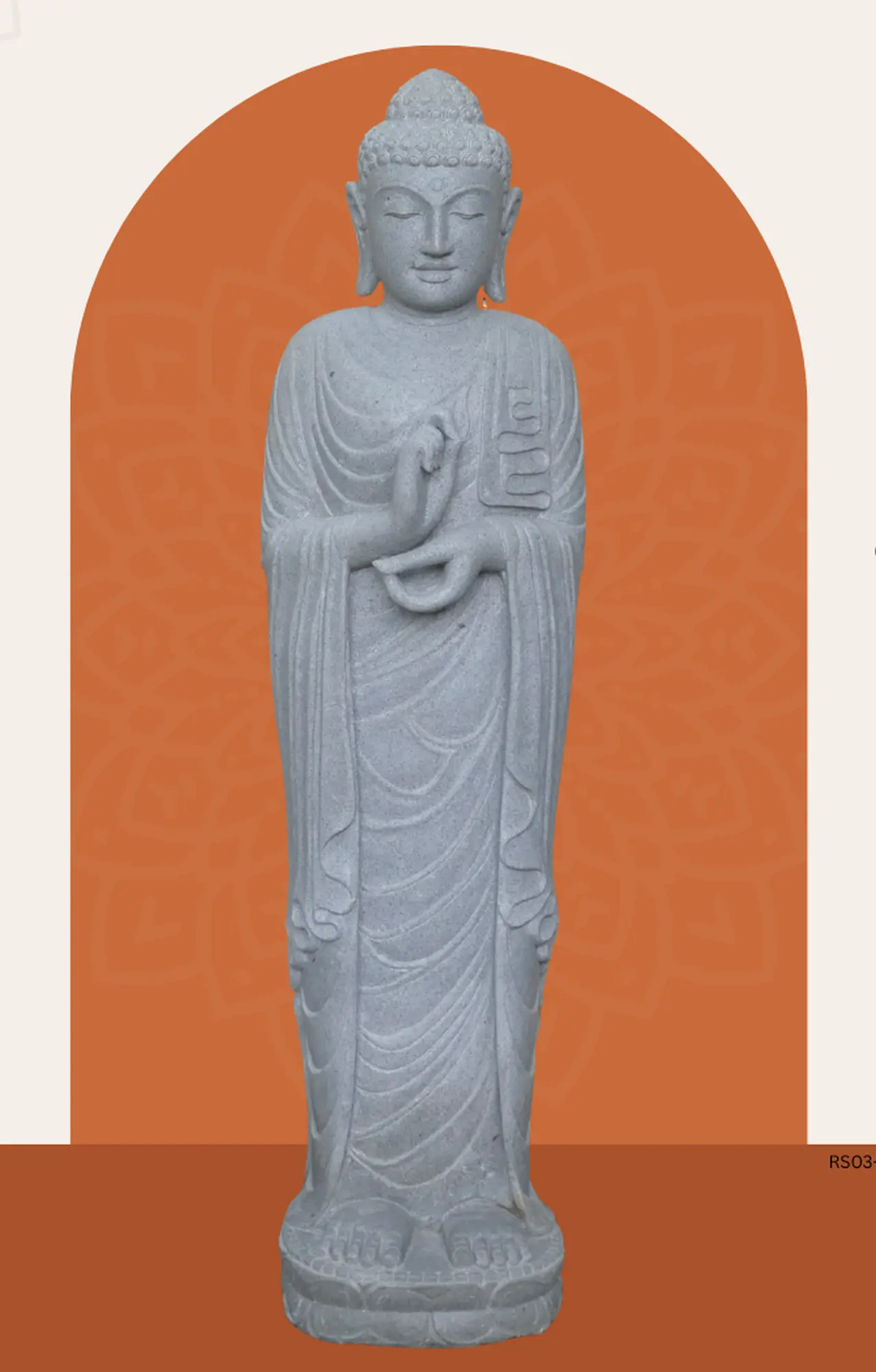  Product image 1 of the product “Standing Buddha made of Riverstone in Dharmachakra position - gesture of wheel of the teaching of Dharma. About 152cm height ”